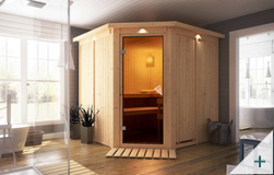 Sauna finlandese classica Gelsomina coibentata con porta in vetro BRONZATO con cornice LED