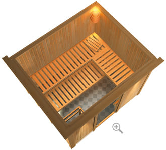 Sauna finlandese classica Eleonora coibentata con cornice LED sezione vista dall'alto