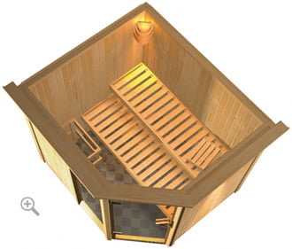 Sauna finlandese classica Fedora 2 coibentata con cornice LED sezione vista dall'alto