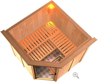 Sauna finlandese classica Gelsomina coibentata con cornice LED sezione vista dall'alto