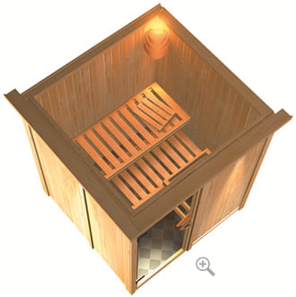 Sauna finlandese classica Rina coibentata con cornice LED sezione vista dall'alto