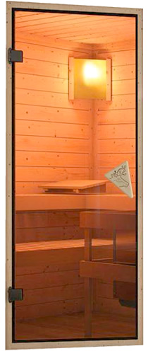 Sauna finlancese classica da casa in kit in legno massello di abete 40 mm Fiordaliso da interno - Porta classica in vetro trasparente